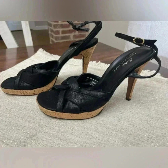 Donald J Pilner Couture Calia Heels Size 10 Black Made In Italy Cork Leather - Picture 2 of 11